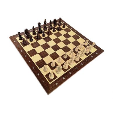 Profesjonalny Zestaw Turniejowy nr 2: szachownica drewniana, intarsjowana nr 5 + figury drewniane Staunton nr 5/II + zegar elekt