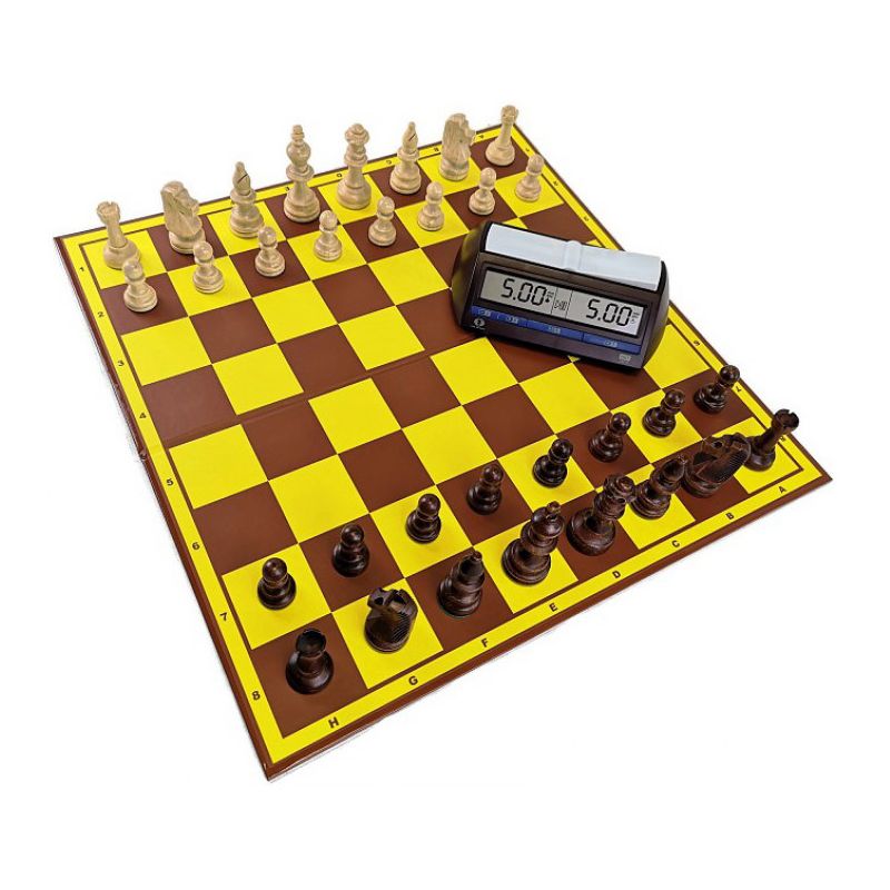 Profesjonalny Zestaw Turniejowy nr1: szachownica tekturowa + figury drewniane Staunton nr 5/II + zegar elektroniczny DGT 2010