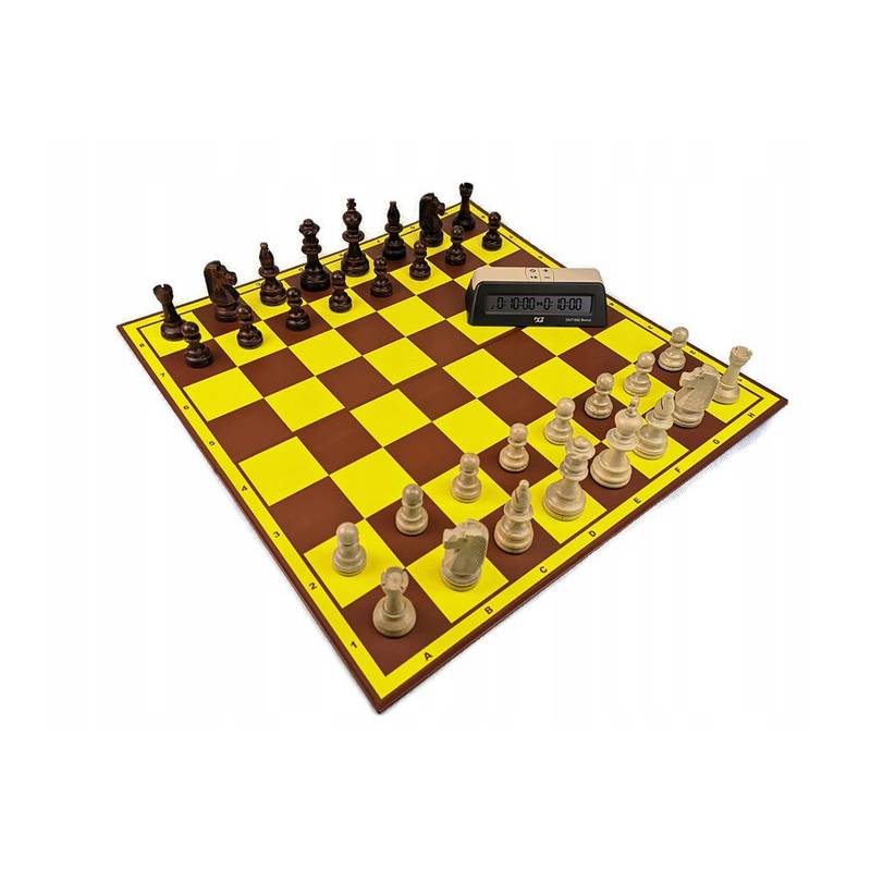 Zestaw "Startowy Młodego Szachisty" nr 2:  szachownica tekturowa + figury drewniane Staunton nr 5/II+ zegar elektroniczny DGT 10