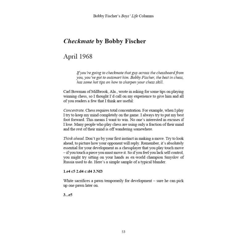 Robert James Fischer - Checkmate. Bobby Fischer's Boys' Life Columns (K-5189)