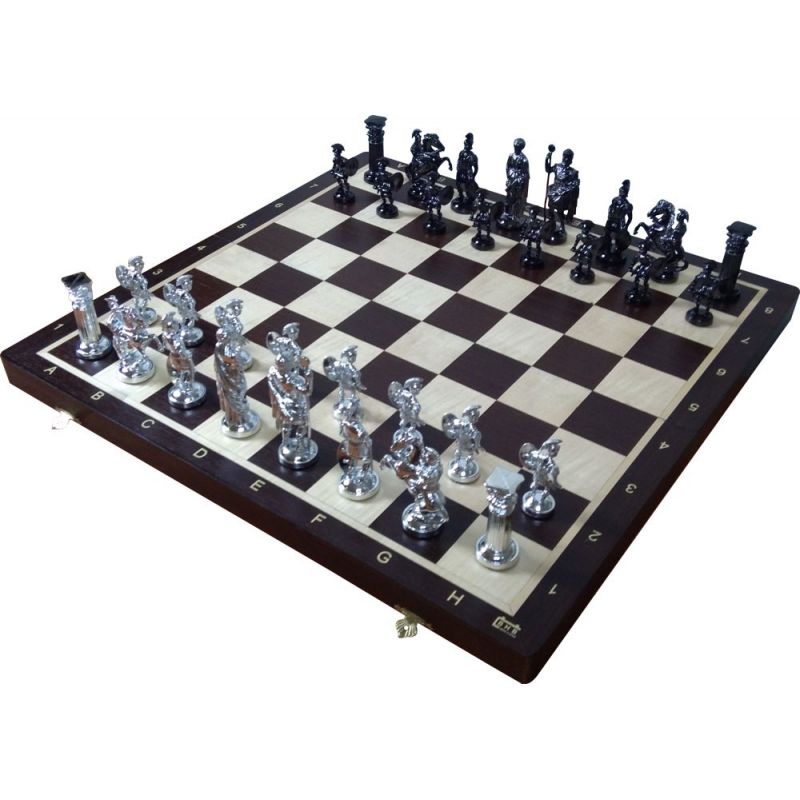 Szachy rzymskie srebrne na szachownicy WENGE (S-179)